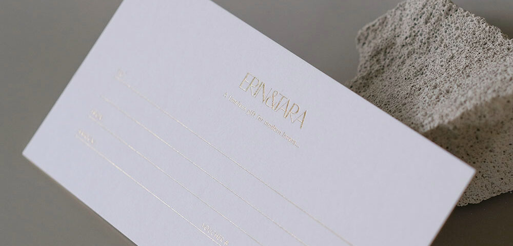 gold foil with edge foil Erin & Tara gift voucher by Stitch Press