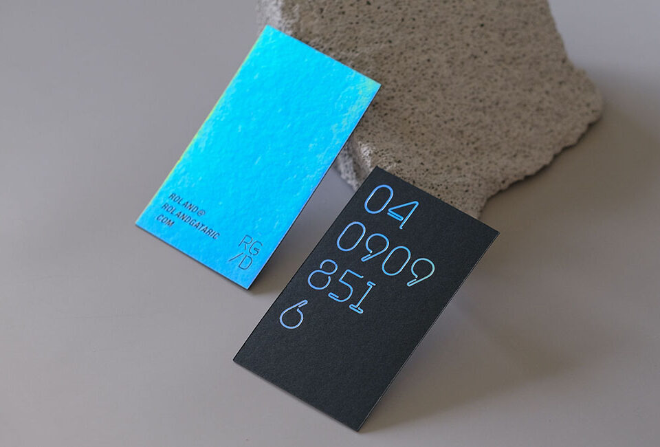 holographic silver foil business card by Stitch Press